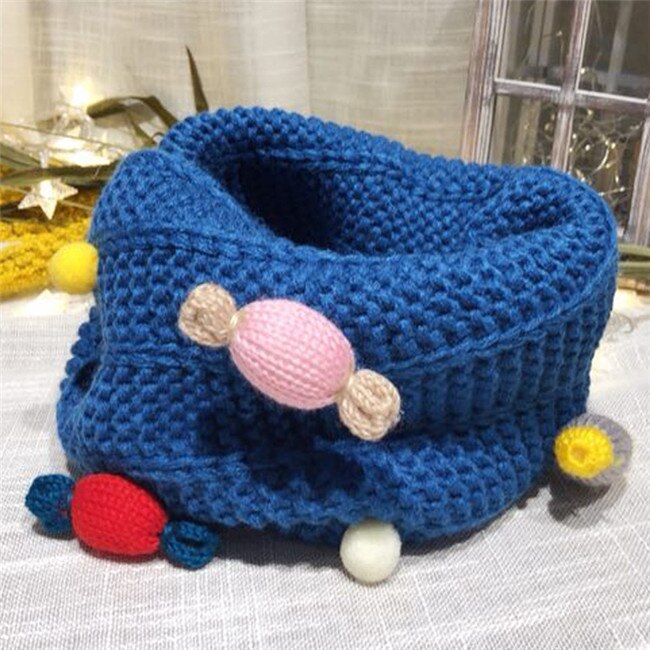 Höst vinter pojkar tjejer halsduk baby barn halskrage färgglad pompom godis halsduk varm tjock stickad ull barn o ring halsdukar: Blå