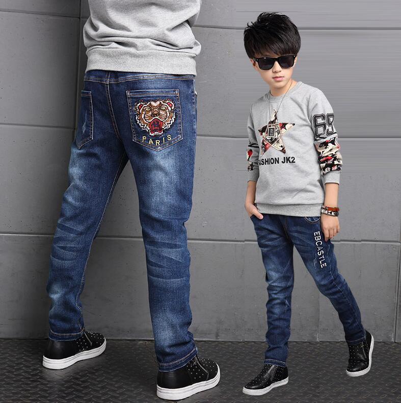 Crianças meninos jeans roupas de bebê calças clássicas crianças denim roupas casuais bowboy calças compridas bordado padrão de cabeça de tigre