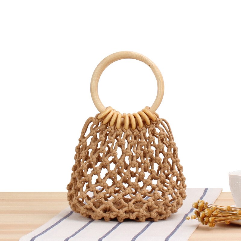 Pure Color Net Bag Hand Woven Bag Hand Tied Cotton Thread Hand Held Beach Bag Breathable DIY Wristlets Bag Summer Style