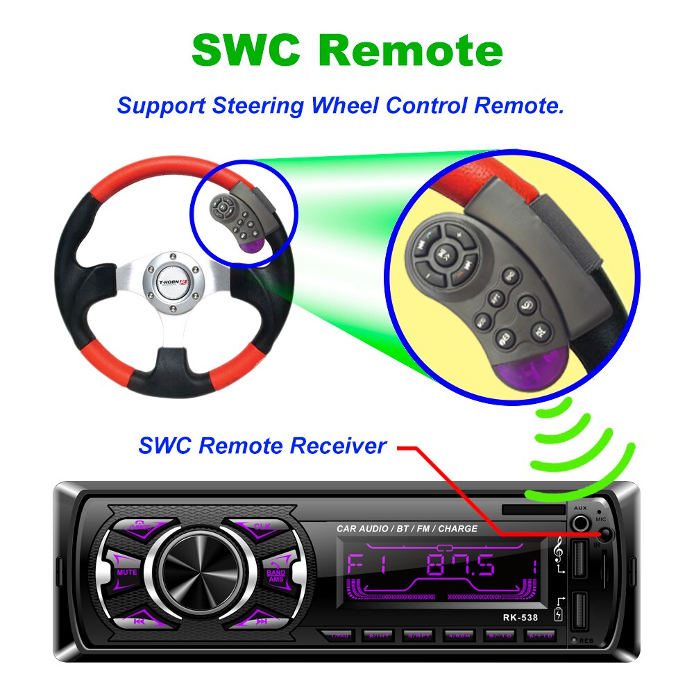 1 Din Car Radio FM DC 12V Fixed panel Auto Audio MP3 player Bluetooth Two USB Charger SD AUX SWC Remote RK-538