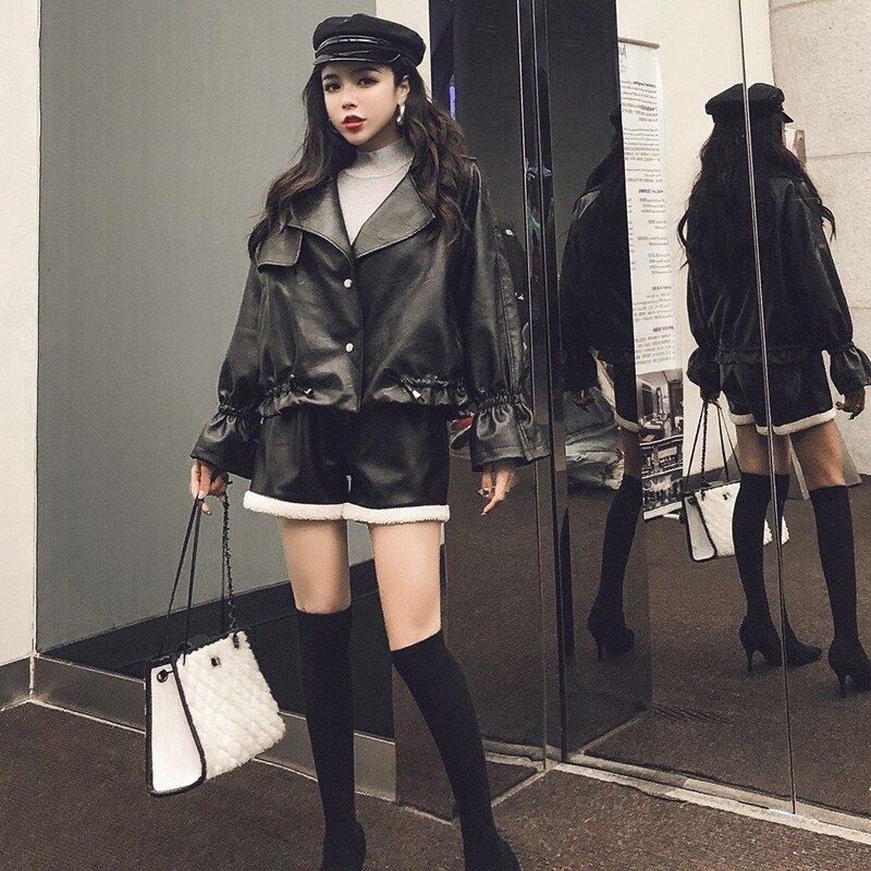 Spring and autumn women's leather jacket short loose high waist leather jacket