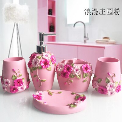 Wedding Bathroom Set- Pink Bathroom Accessories Kit-Red Resin Five-piece Set-Soap Dispenser-Toothbrush Holder: D
