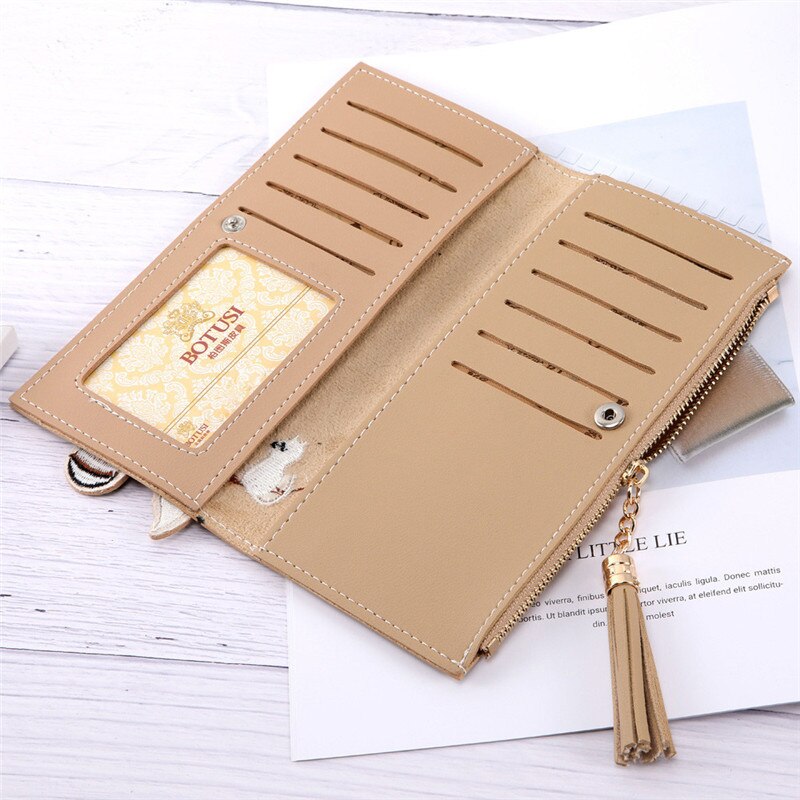 Dam plånböcker räv katt lång tofs myntkorthållare handväska paket kvinna plånbok portafoglio donna monedero mujer portfel damsk