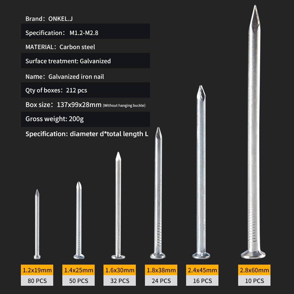 Onkel.J 212Pcs Houtbewerking Ijzeren Nagels Timmerwerk Ronde Nagels Hardware Fijne Gereedschap Voor Diy Houtbewerking M1.2-M2.8