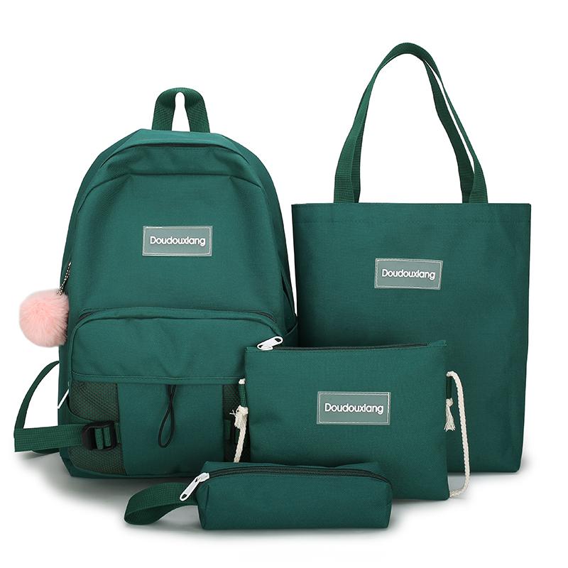 4pcs/set cute female Backpack Canvas backpack College school bags for teenage girls Kids book Bags women travel school backpack: Green