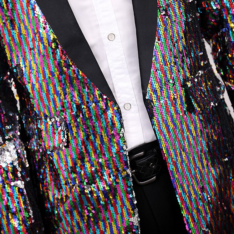 Men's Casual Jacket Trendy Long Colorful Sequins Color-changing Buttonless Shawl Collar Windbreaker Club Party Clothing