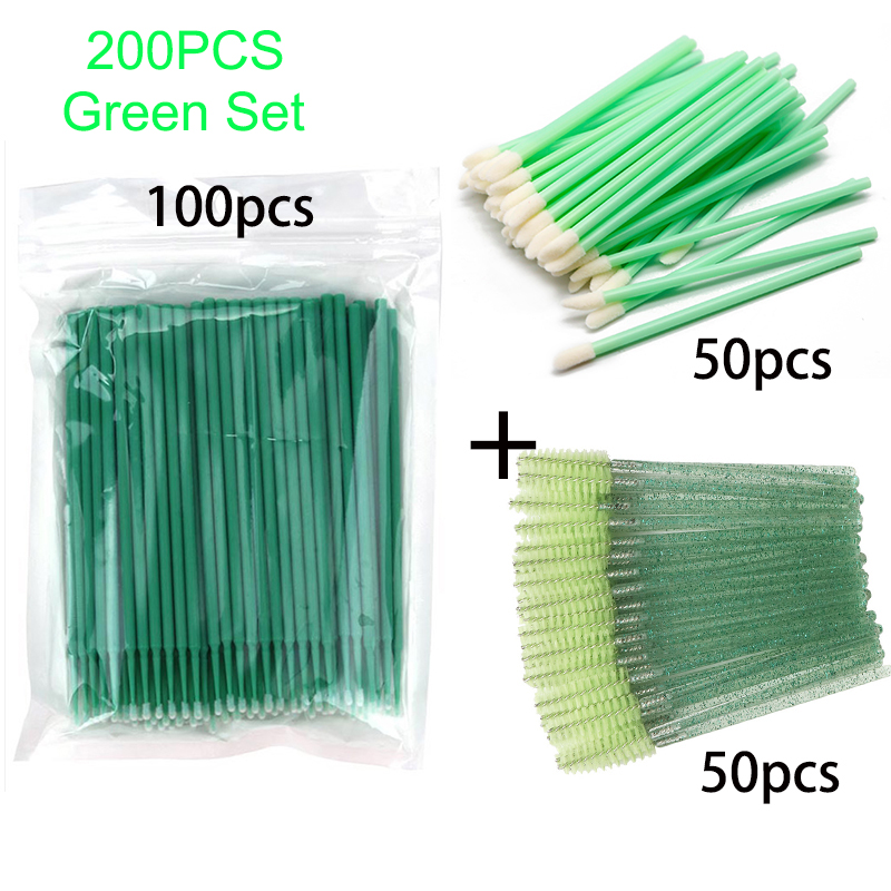 200Pcs Roze Mascara Wands Lipgloss Wand Borstel En Wimper Cleaning Micro Applicator Set 3 In 1 Eye Lash makeup Tools In Bundel: 200pcs Green set