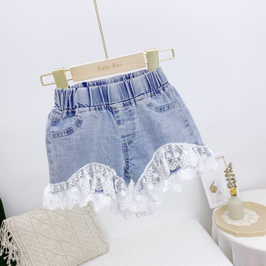 Söta tjejer spets jeans korta barnshorts för sommaren baby barn jeansshorts byxor resor strand korta kläder