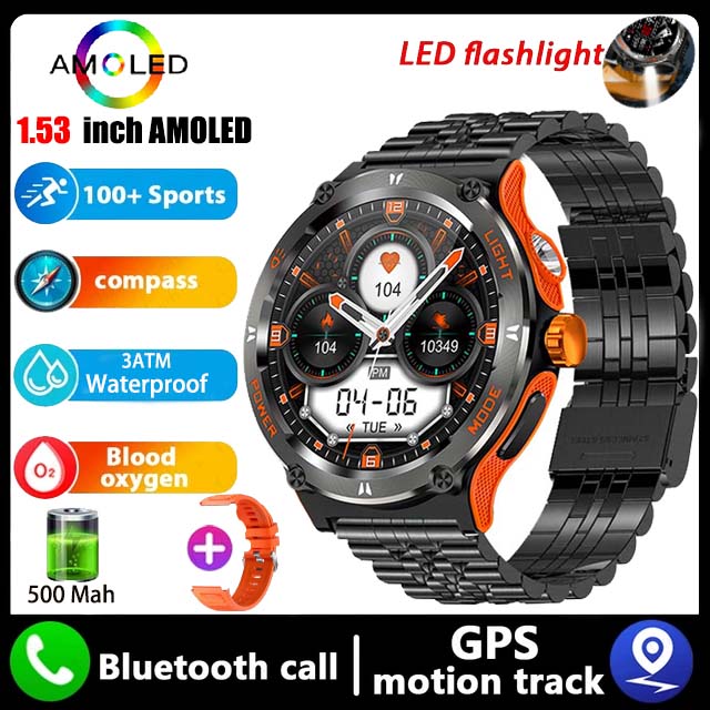 Montre intelligente de camion GPS militaire pour hommes, écran HD AMOLED, fréquence cardiaque, montre intelligente de sport étanche IP68, Android IOS, extérieur, , 2024: YELLOW