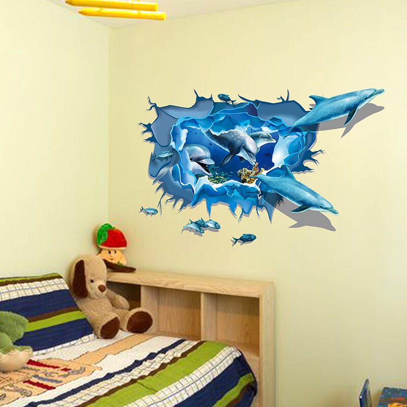 Under The Sea Wall Decals - Removable Vinyl Stickers Mural Art- 3D Dolphin Fish Blue Sea 3D Stickers Home Decor