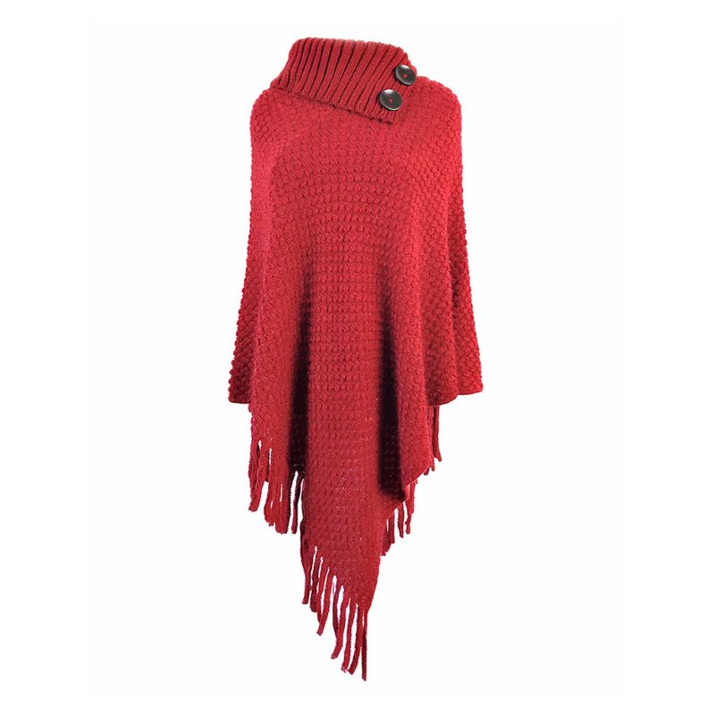 Women Knitted Pullover Sweater Top Half Opened Collar Buttons Warm Shawl Wrap Fringe Tassels Hem Solid Color Poncho Cape: Red