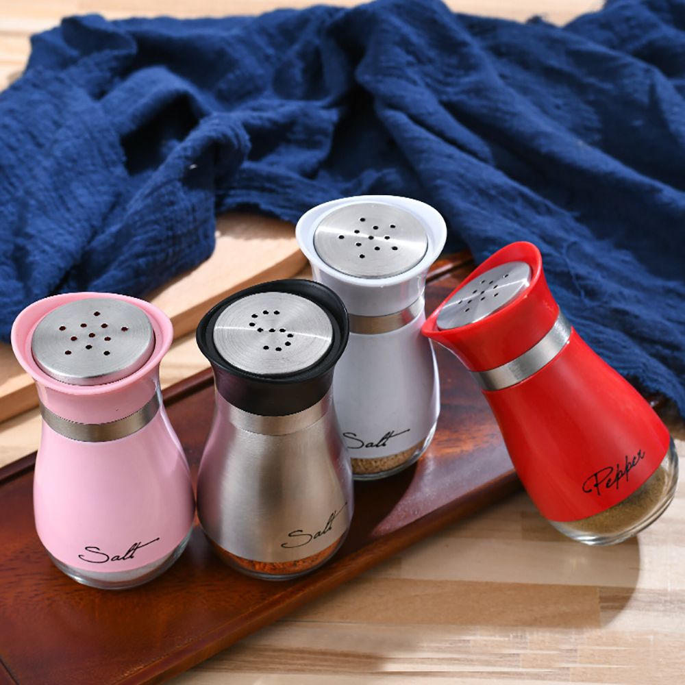 MOONBIFFY Cute Salt and Pepper Stainless Steel Glass Bottom Spice Dispenser Sea Salt Sugar Refillable Pepper Seasoning Cans