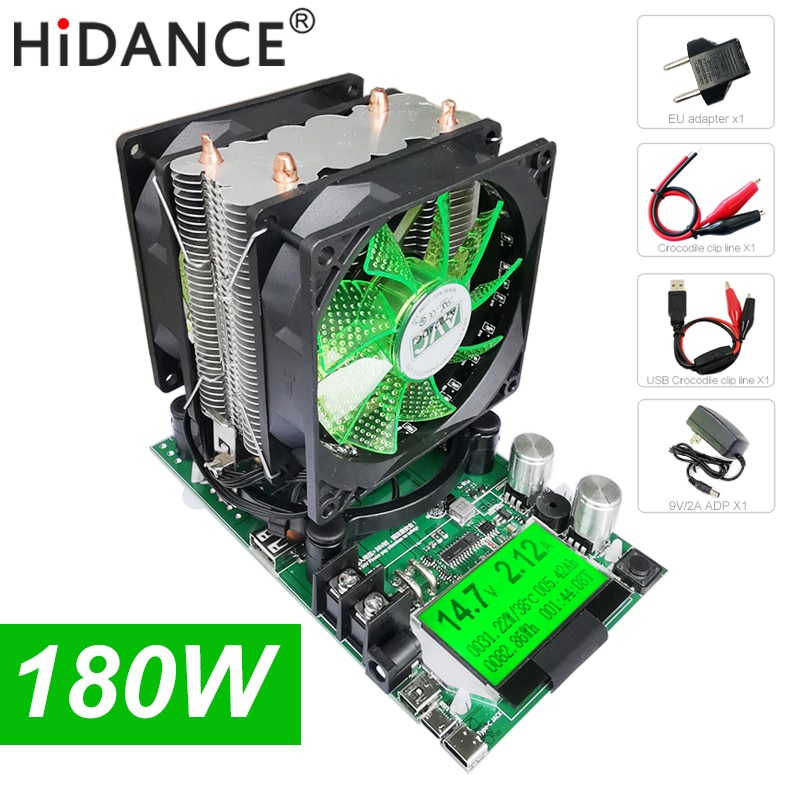 180W Digital battery capacity tester power supply indicator dc 12V electronic load 18650 discharger resistor usb check test