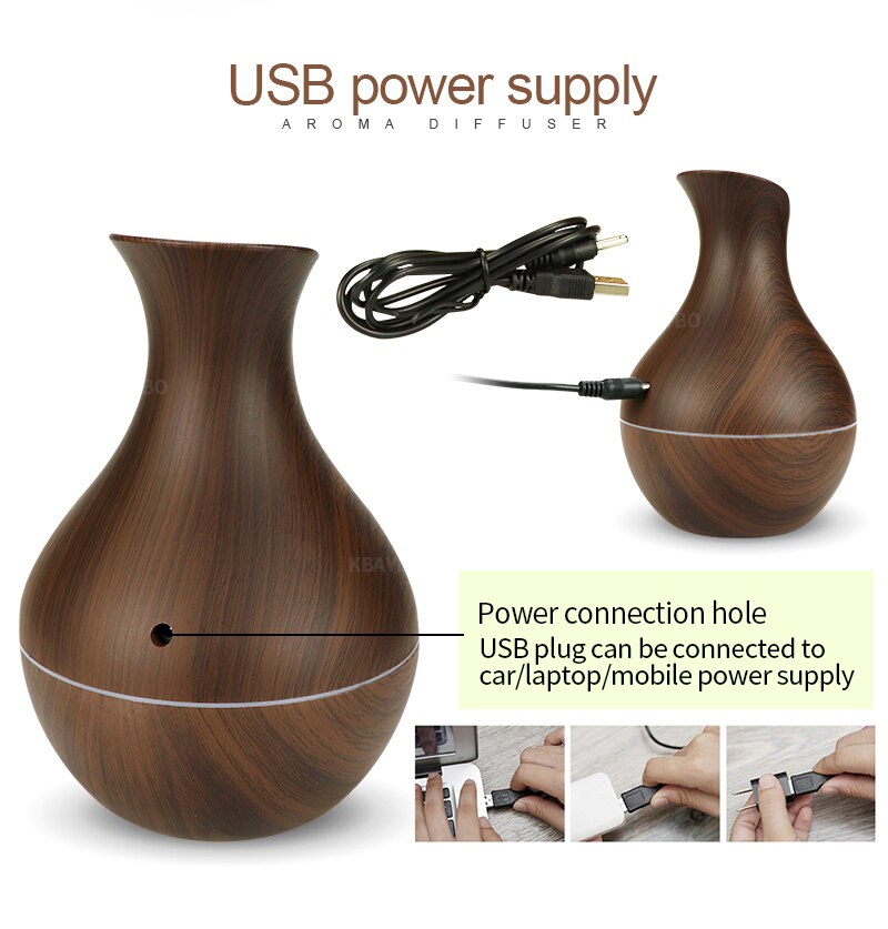 Aroma diffuser met essentiële olie, superluchtbevochtiger met houtnerf, 7 kleuren led-verlichting voor thuiskantoor