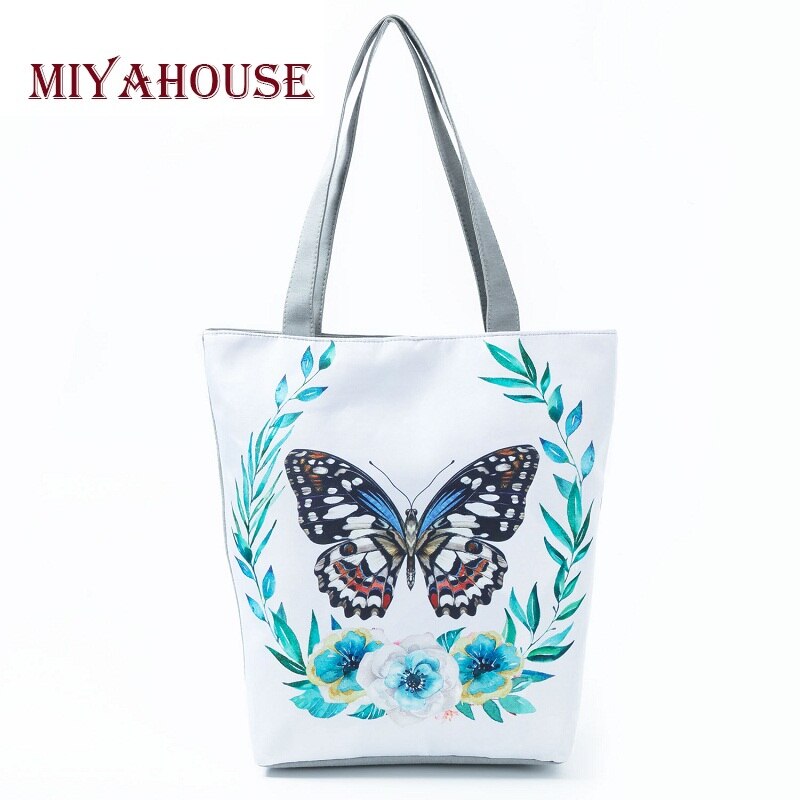 Miyahouse-sacs à main en toile avec motif floral, fourre-tout d'été, sac de plage, papillon, à une épaule Shopping
