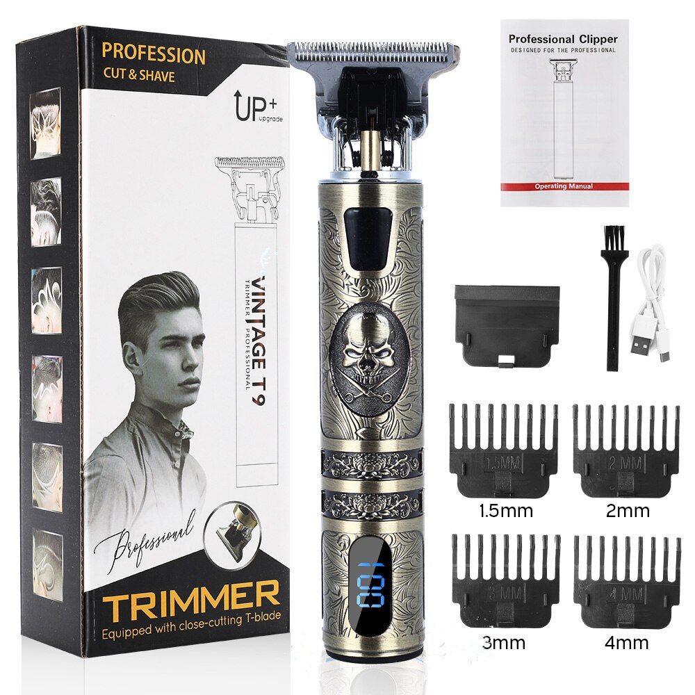 T9 Electric Hair Clipper Rechargeable Shaver Beard Trimmer 0mm Men Hair Cutting Machine Barber Hair Cutter Razor Mower for Man: LCD Skull with box