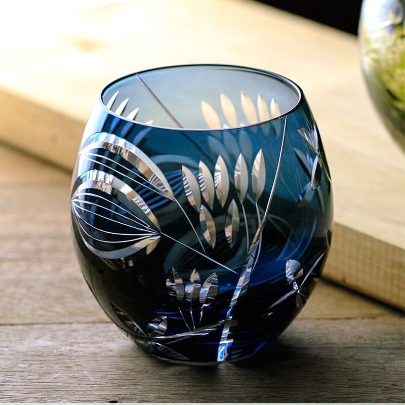 Crystal carved glass red wine glass, Japanese Edo Kiriko ins wind person hand-carved transparent water tea cup whiskey glass