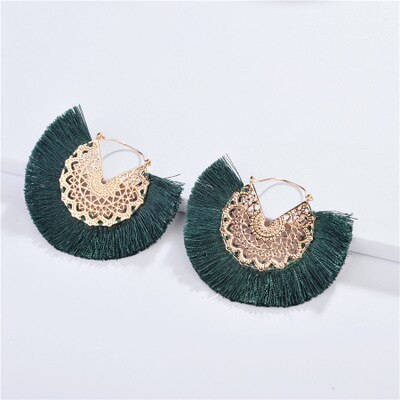 Pendientes bohemios Vintage con forma de abanico para mujer y niña, aretes con flecos, para , boda: Dark Green