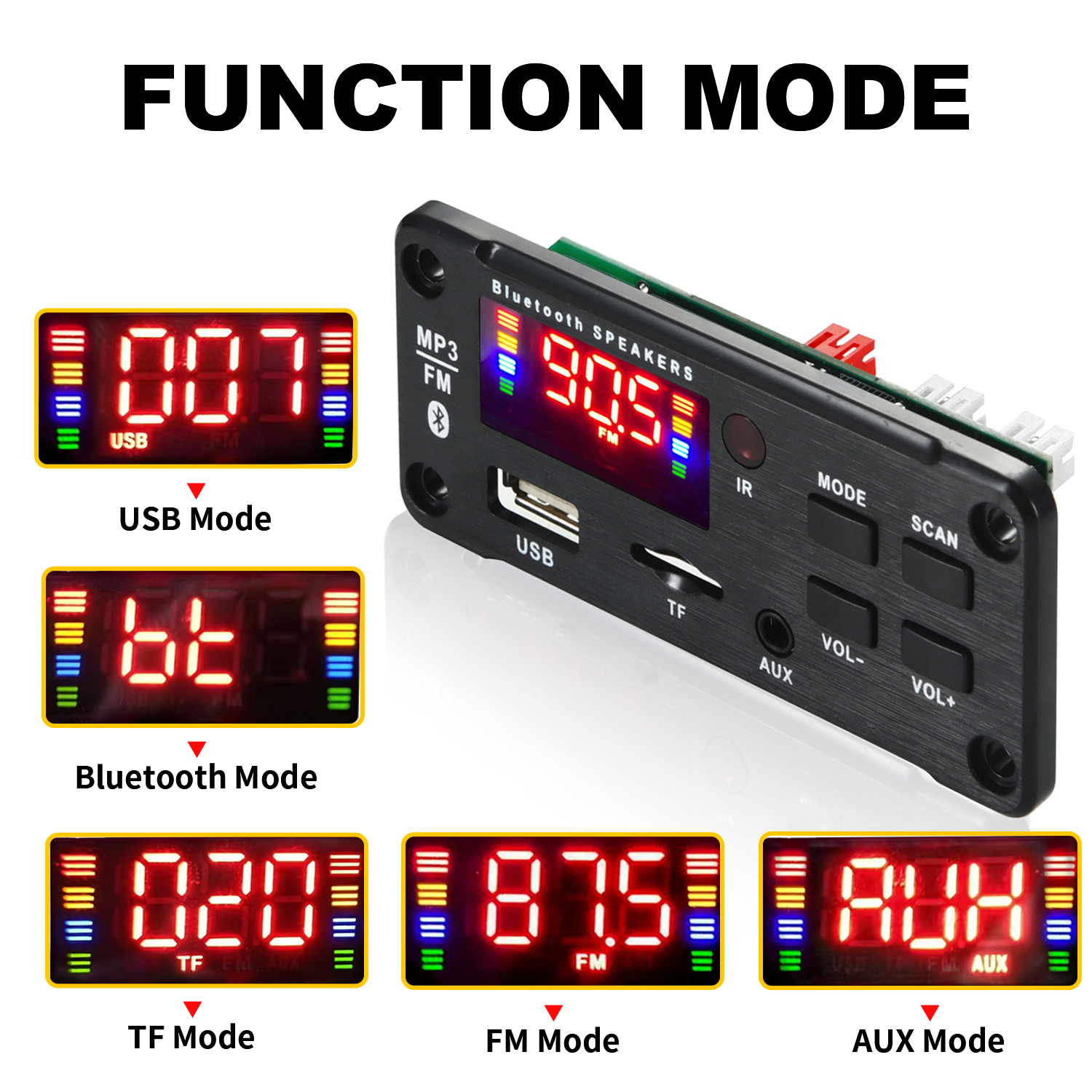 Bluetooth-freisprecheinrichtung mit 12v mp3 decoderplatinen, usb-anschluss für  mp3- player-wiedergabe, unterstützt wma, wav, tf-kartensteckplatz, usb- und fm-radio mit farbbildschirm