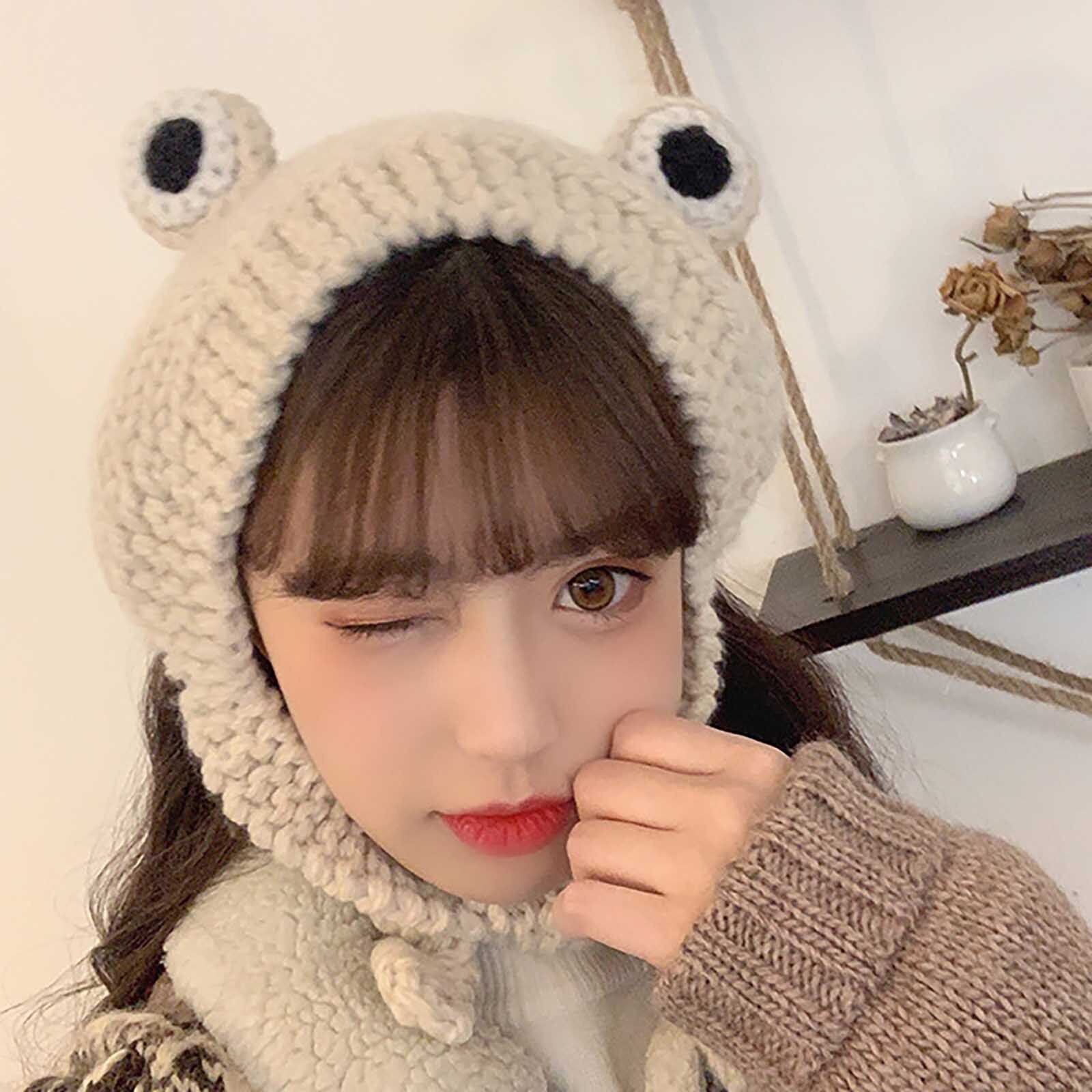 Winter Women Frog Hat Crochet Knitted Hat Costume Beanie Cute Hats Cap Women Cap Retro Cute Animal #YJ: Beige 