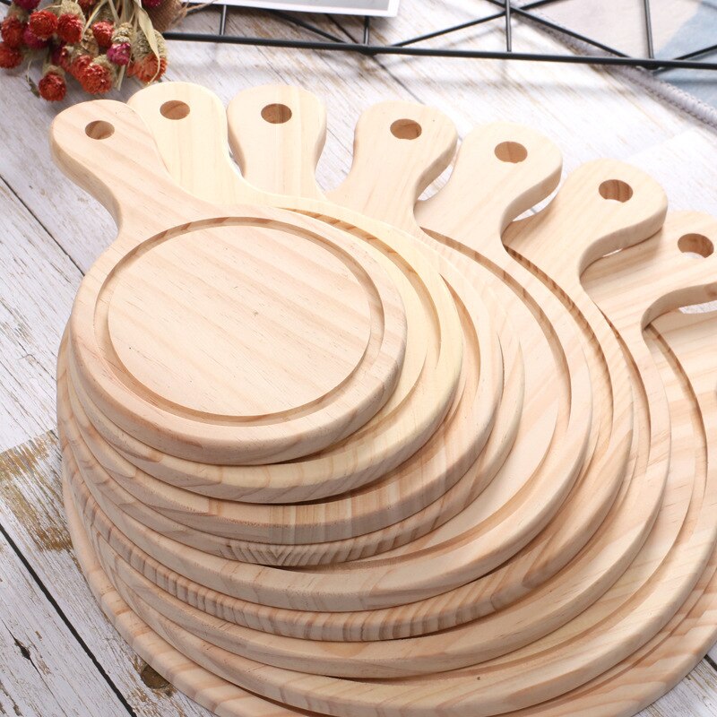 6-14inch Wooden Pizza Board Round with Hand Pizza Baking Tray Pizza Stone Cutting Board Platter Pizza Cake Bakeware Tools