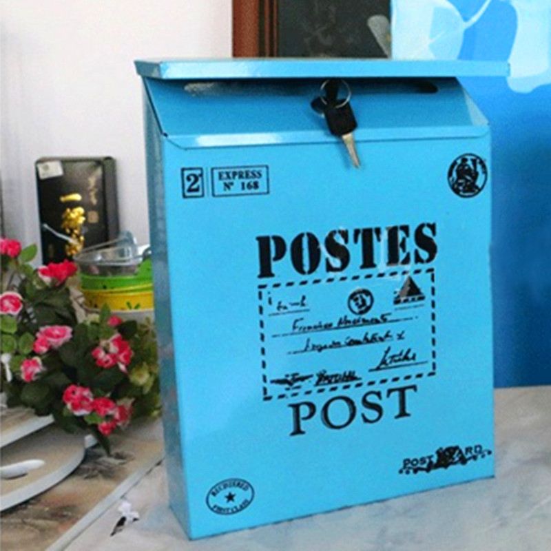 Vandtæt postkasse låsbar kasse hjem altan haven dekorative håndværk tin avis brev postkasse vintage metal jern postkasse: Blå