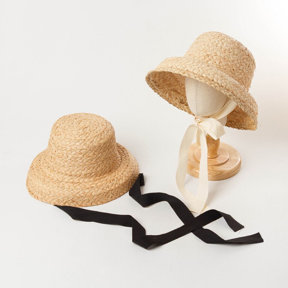 Hand-made Raffia Straw Hat For Kids Retro Flat Top Fold Down Brim Children's straw hat Boys Girls Travel Vacation Raffia Sun Hat