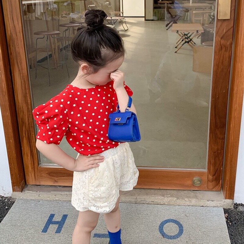 Camisa de lunares para niños y niñas, Blusa de manga corta abombada, Top informal de con Espalda descubierta, trajes para niños de 2 a 7T: R / 2-3Y