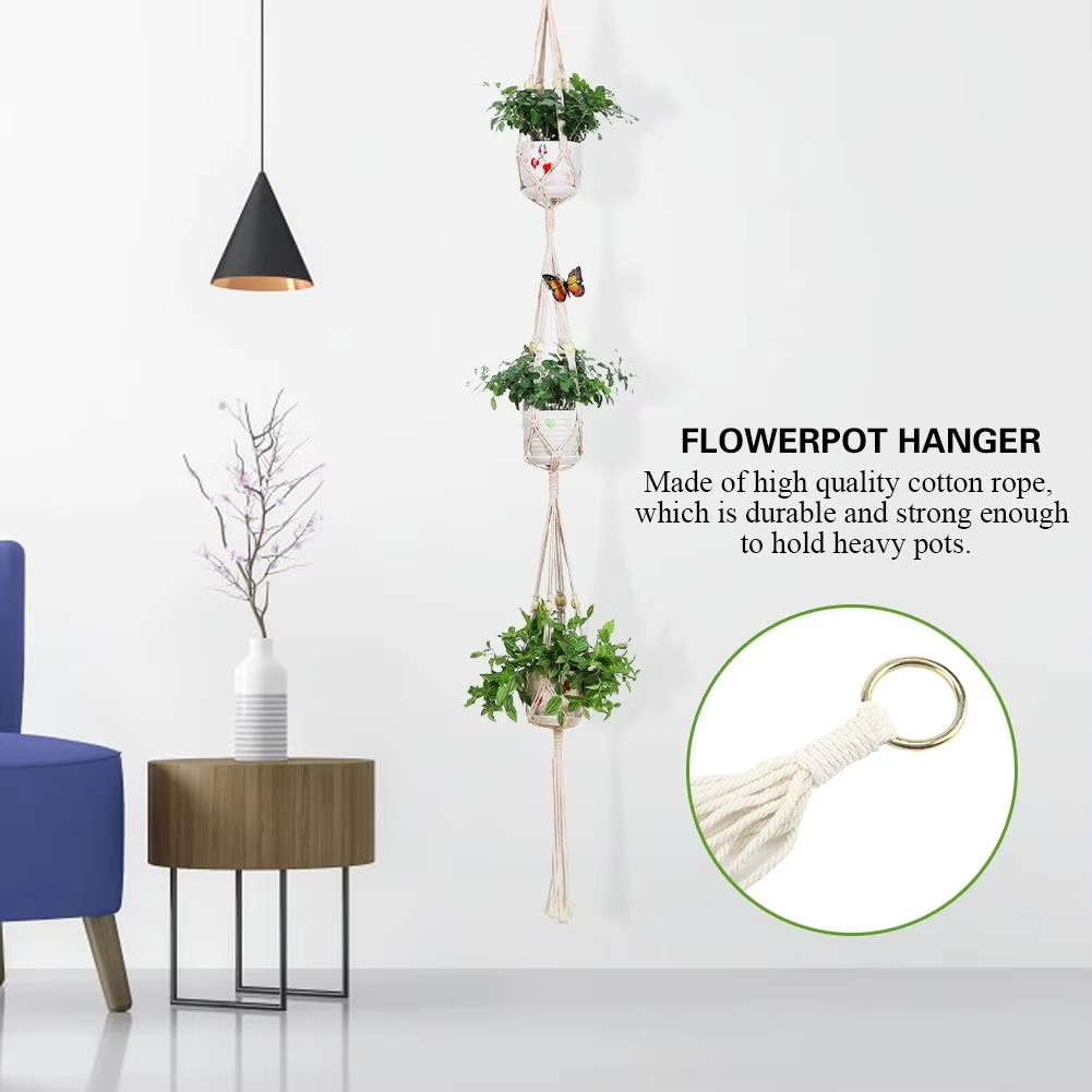 Macrame vægophæng planteophæng planteophæng håndstrikning naturlig snor planteophæng kurv planteholder: 5
