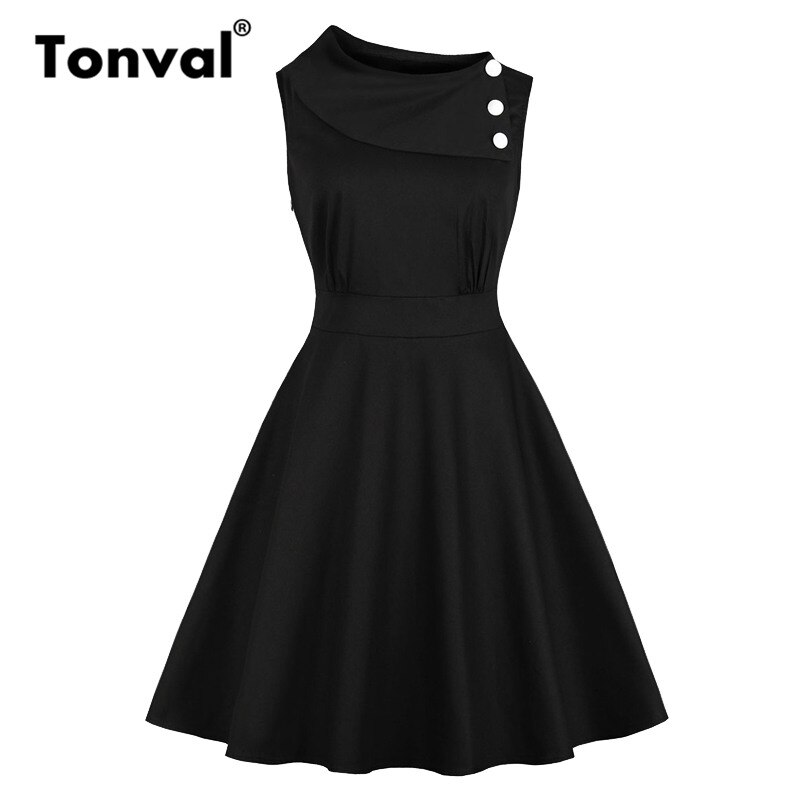 Tonval Rood Turn-Down Kraag Knoppen Retro Jurk Mouwloze Zakken Elegante Katoenen Jurk Vrouwen Effen Skater Vintage Jurken: Black / Xxl