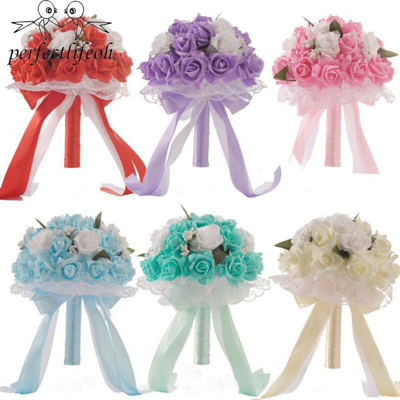 Ramo de flores artificiales de seda para dama de honor, suministros de decoración de boda romántica, con encaje, hecho a mano