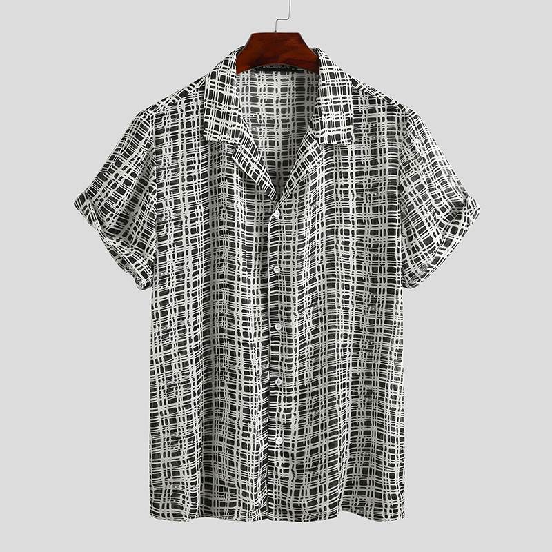 Incerun Mannen Casual Gedrukt Shirt Streetwear Korte Mouw Revers Blouse Zomer Losse Ademende Beach Hawaiian Shirts S-5XL: Black / S