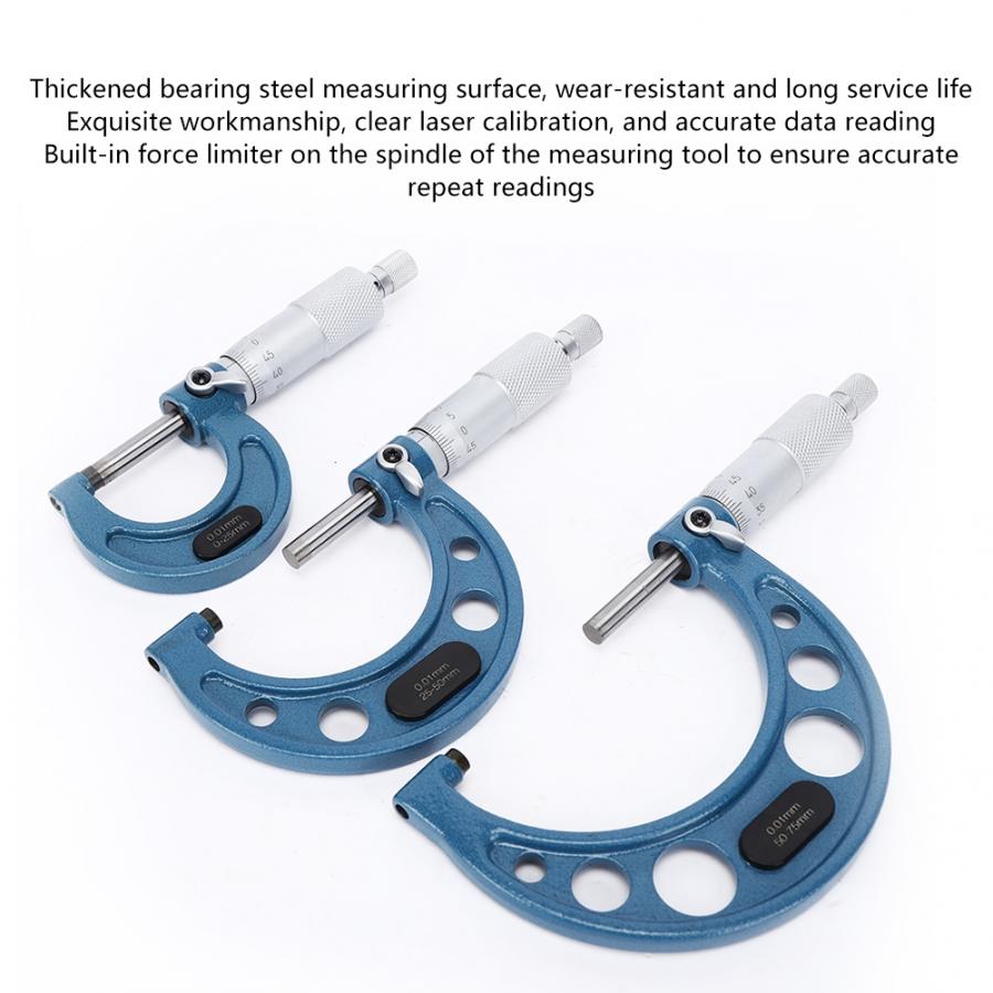 3Pcs Micrometer Bearing Steel High Accuracy Outside Diameter Measurement Tool 0-75mm Digital Micrometer