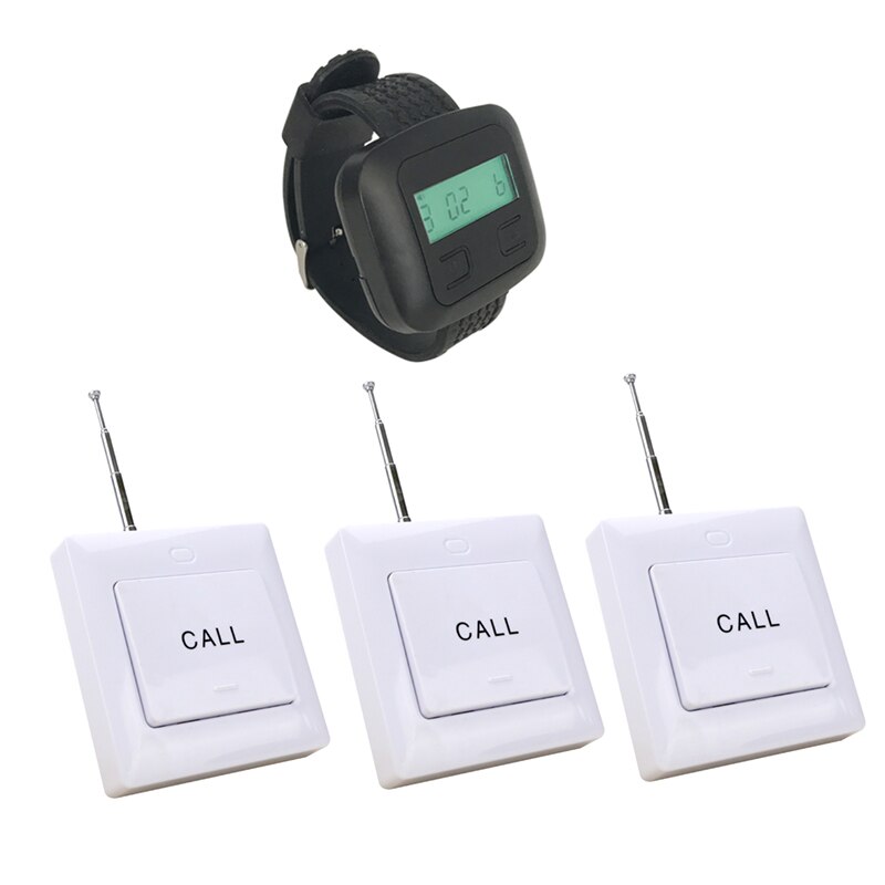 Restaurant Pager Draadloze Kelner Oproepsysteem 433Mhz 1 Horloge Ontvanger + 3 Knop Zender