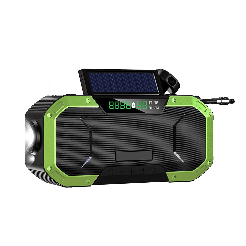 Portable Bluetooth Speaker AM/FM Emergency Radio Hand Crank Solar Radio LED Flashlight 5000mAh Power Bank USB Cell Phone Charger: Green