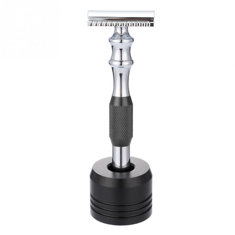 Men Safety Razor Anti-slip Stripe Handle Classic Double-Edged Shaving Razor Blade &amp; Base Manual Razor Shaving Tool Hair Remover: Black Razor Base