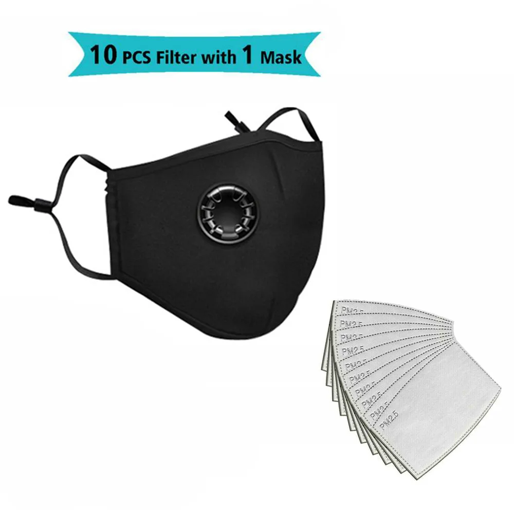 Herbruikbare wasbare gezichtsmaskers met 10 vervangbare pm2.5-filter Mondstof Winddicht katoenen ventielmasker met brilmasker: WHITE
