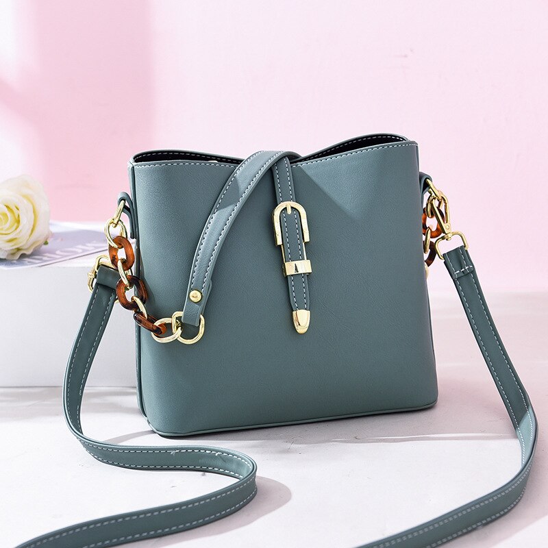 Bucket Shoulder Bag Women Chains Crossbody Bag Female Belt lock Messenger Bags Ladies PU Leather Handbag Women's Bag: green