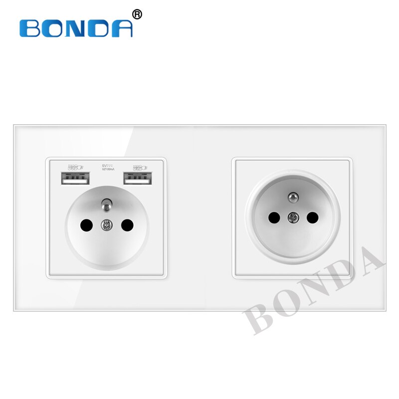 BONDA Multi-connection French standard wall socket, 16A USB tempered glass panel, multi-connection socket combination AC110-240V: 512 WHITE USB01-01