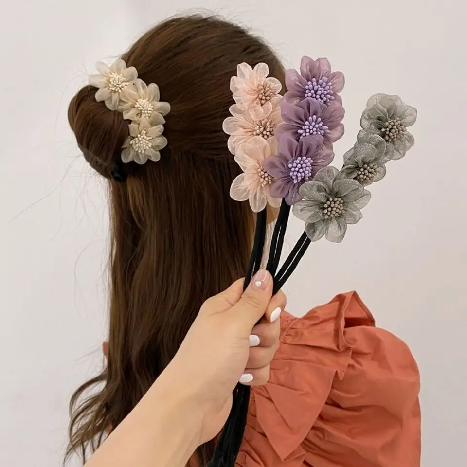 Para hacer moños de flores de gasa con brotes elegantes para mujer, herramienta larga para hacer peinado Maruko, diademas de cuerda trenzada para el cabello dulce, accesorios coreanos