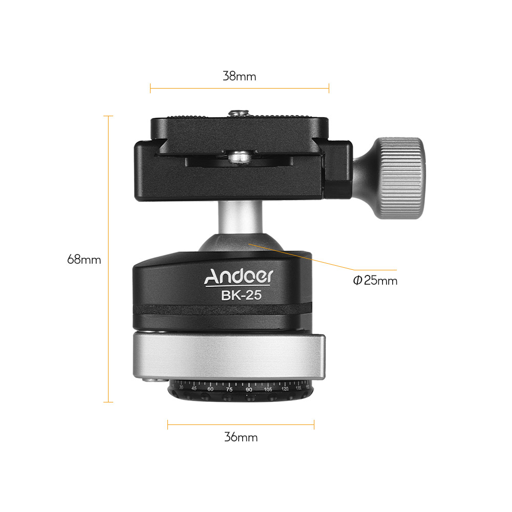 Andoer BK-25 statyw ze stopu aluminium głowica kulowa adapter robić montażu z 1/4 cala lub 3/8 cala śruba maksymalne obciążenie 15 kg/33lbs