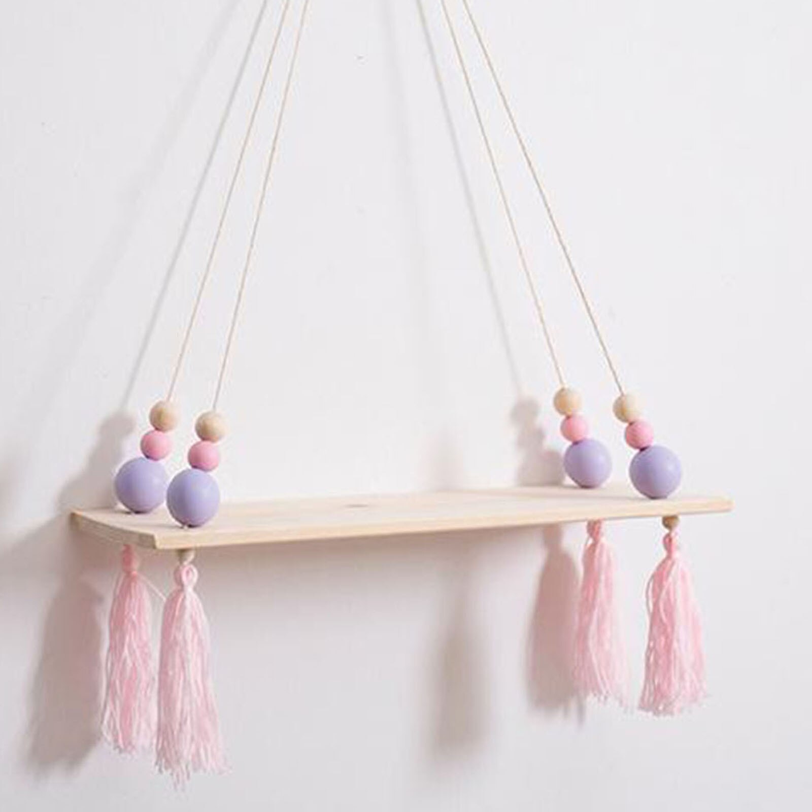 Wooden Wall Shelf Rope Hanging Floating Shelf Flower Pot Stand Purple Bead