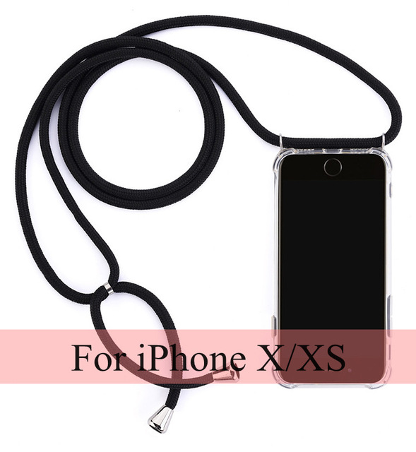 Cubierta del teléfono de la cadena del cordón de la correa para el iphone XR X XS Cordón de cadena para colgar la cubierta del teléfono móvil para la cáscara del iphone X XS XR TPU: X XS Black