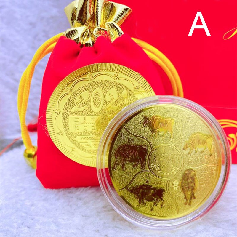 Year of The Ox Zodiac Gold Coin with Year Red Cloth Bag Commemorative Coin Feng Shui Decorations Supplies GHS99: a