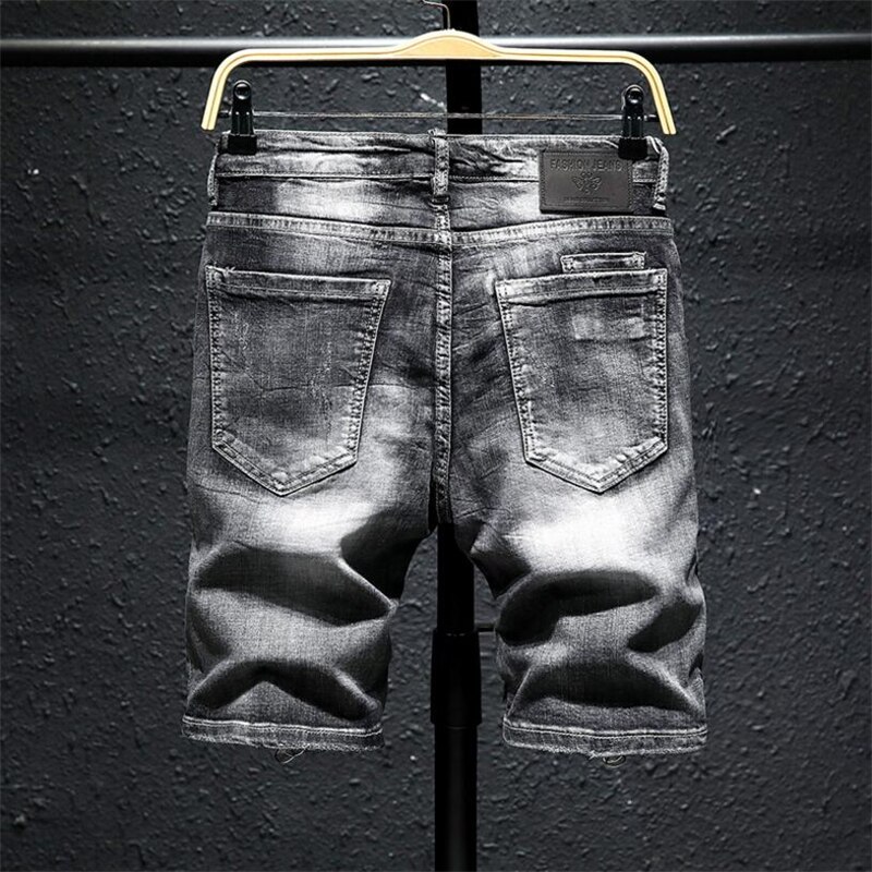 Short en Jean déchiré pour hommes, culotte en Denim, classique, , trous, gris, noir, coton, extensible, longueur aux genoux, été