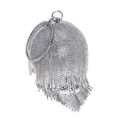 SEKUSA Tassel Rhinestones Women Evening Bags Chain Shoulder Lady Purse Handbags Diamonds Round Wedding Party Clutch Bags: YM8101silver