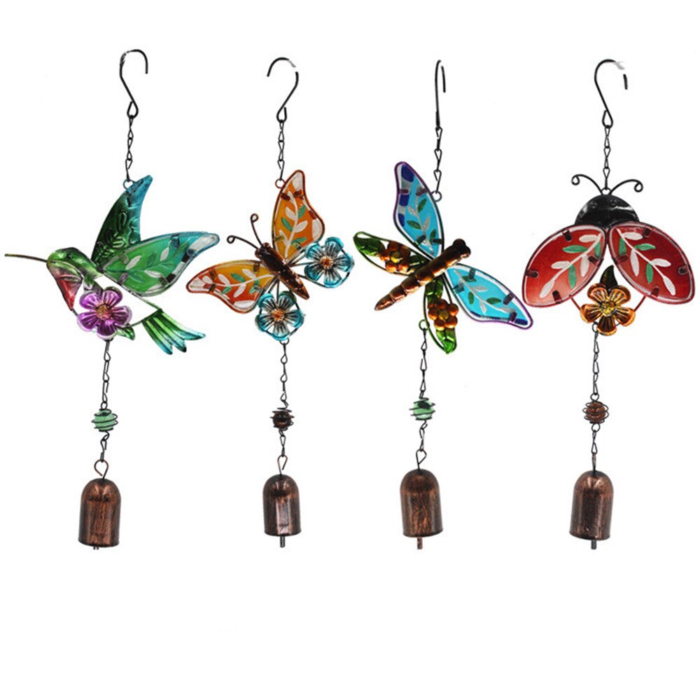 1Pc Smeedijzeren Hummingbird Vlinder Windgong Dragonfly Beetle Hanger 4 Stijlen Glas Geschilderd Ambachten Hangers