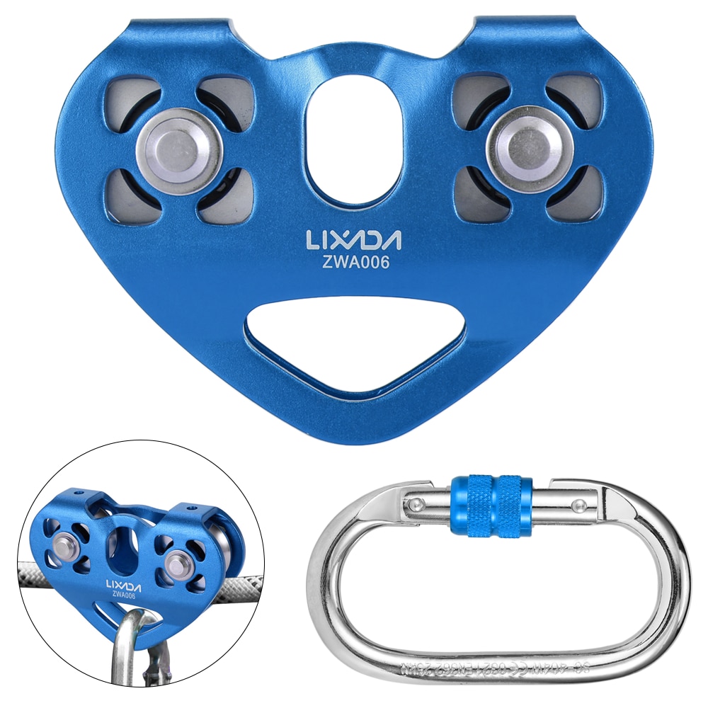 Lixada 30kN Cable Trolley Pulley Dual Pulley with 25kN Srew Locking Carainber For Rock Climbing Caving Aloft Work Rescue: Blue