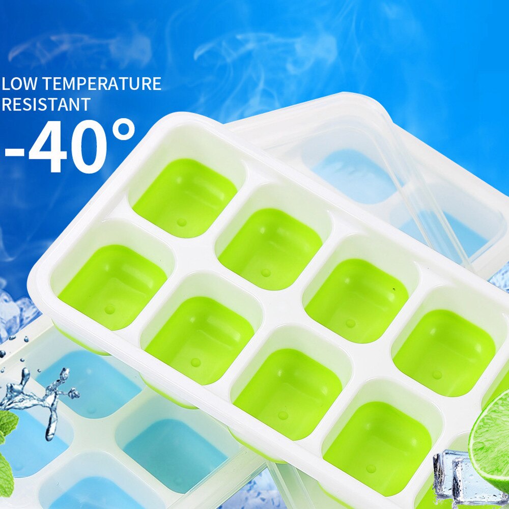1 Pc Covered Ice Cube Tray Set With 14 Ice Cubes Molds Flexible Rubber Plastic Molds Flexible Rubber Plastic Stackable Green#T2