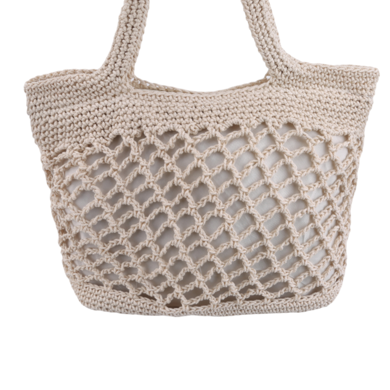 Handgefertigte quadratische tragetasche aus baumwollseil und stroh mit reißverschluss für damen, ideal für reisen und strand, gewebt, mit henkel, lässige strandtasche aus netzgewebe, hohl